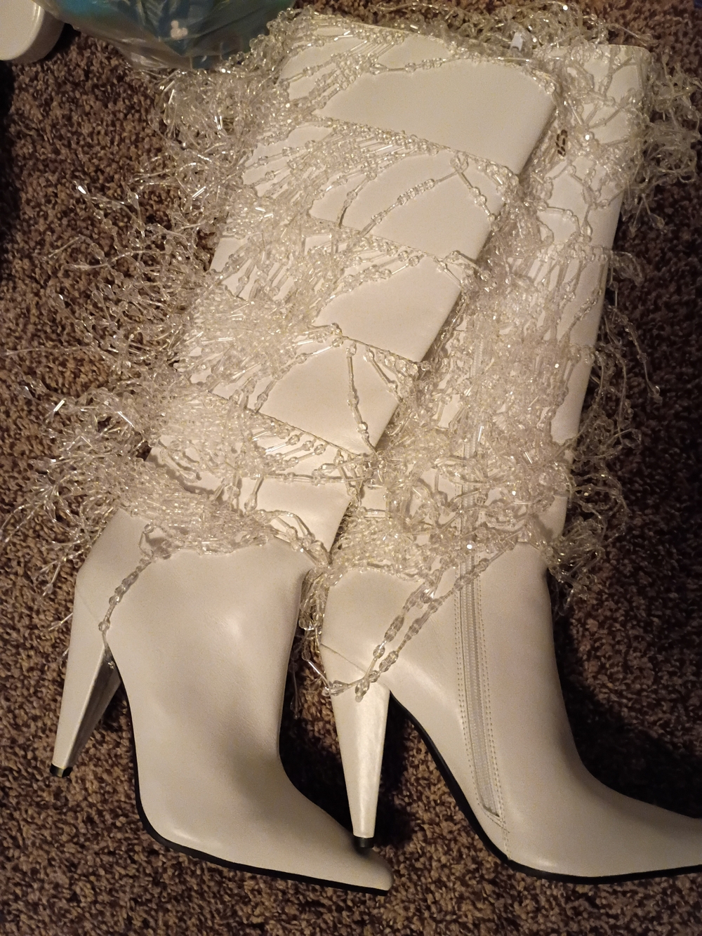 Jeffrey Campbell White Beaded Fringe Knee Boots